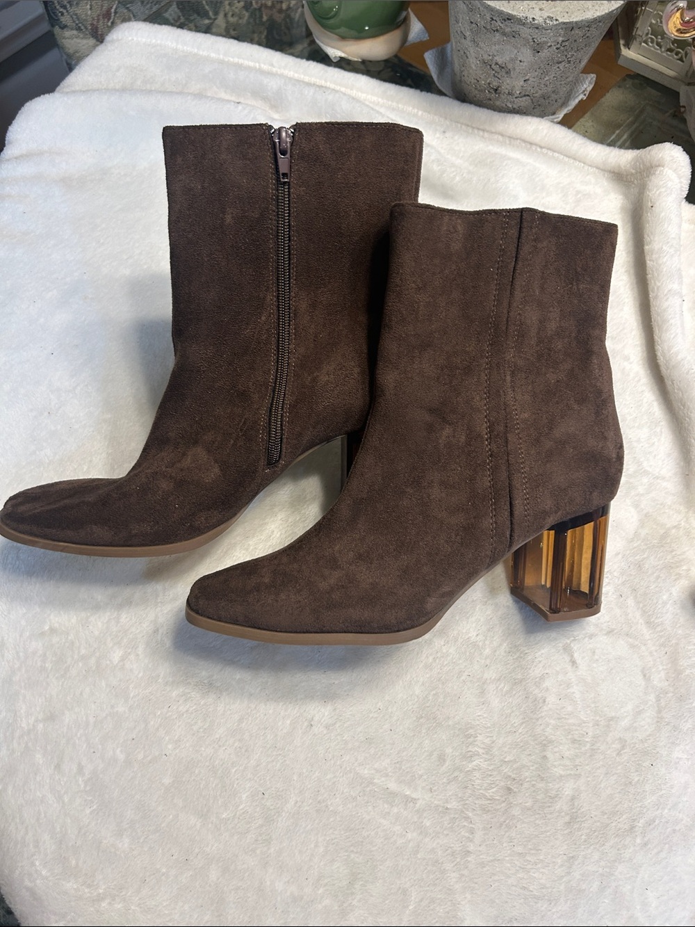 Journee Collection Brown Suede Ankle Boots with Amber Lucite Block Heel